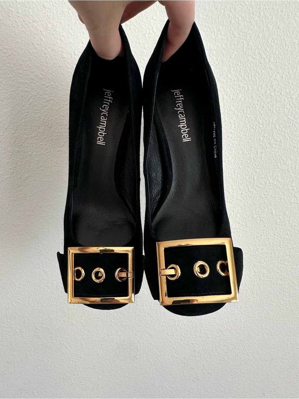 Jeffrey Campbell Black Suede Pumps Gold Buckle Accent Classy Size 5